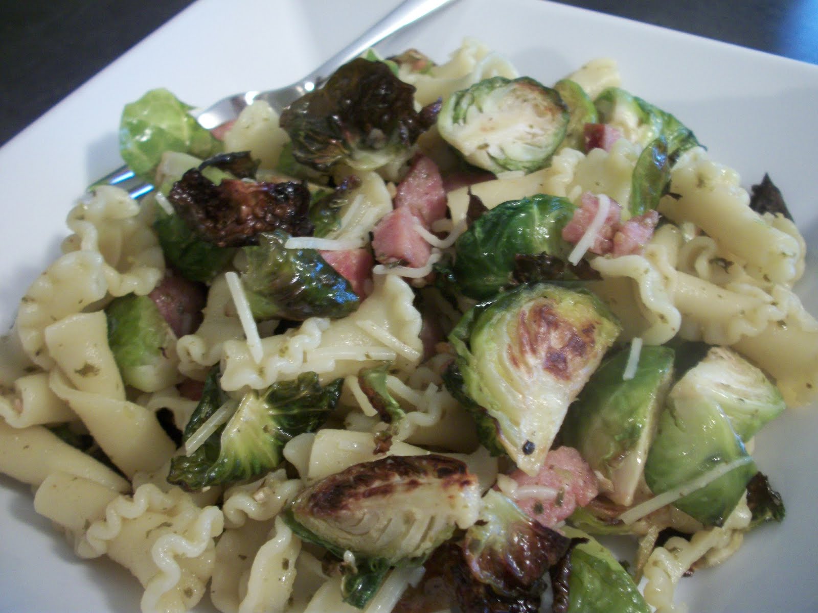Cook with Sara Pesto Pasta with Roasted Brussels Sprouts and Smoked