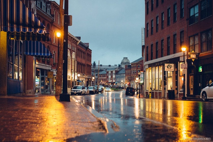 Portland, Maine USA Fore Street in the Old Port with rain photo by Corey Templeton.