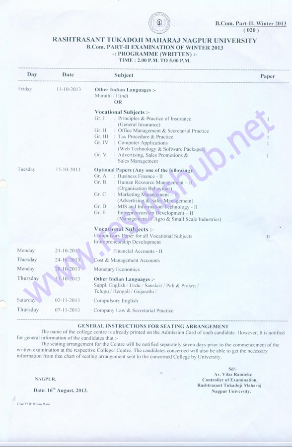 B.Com. Part 2 Winter 2013 Timetable Nagpur University