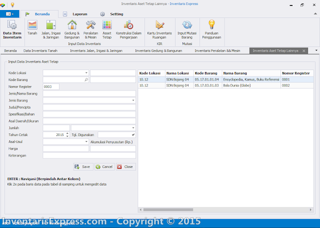 Input Data Inventaris Aset Tetap lainnya (KIB E) - Software Inentaris Express