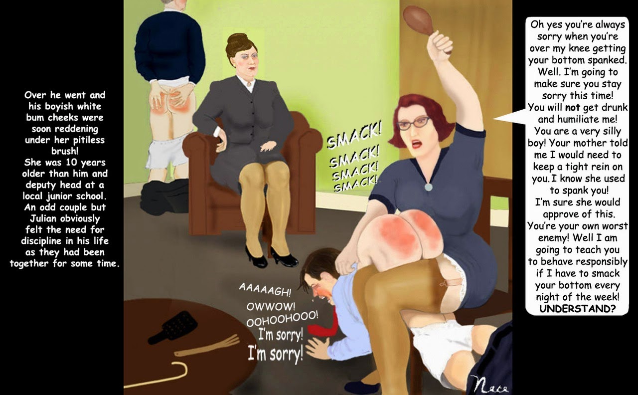 Women spank naughty boy
