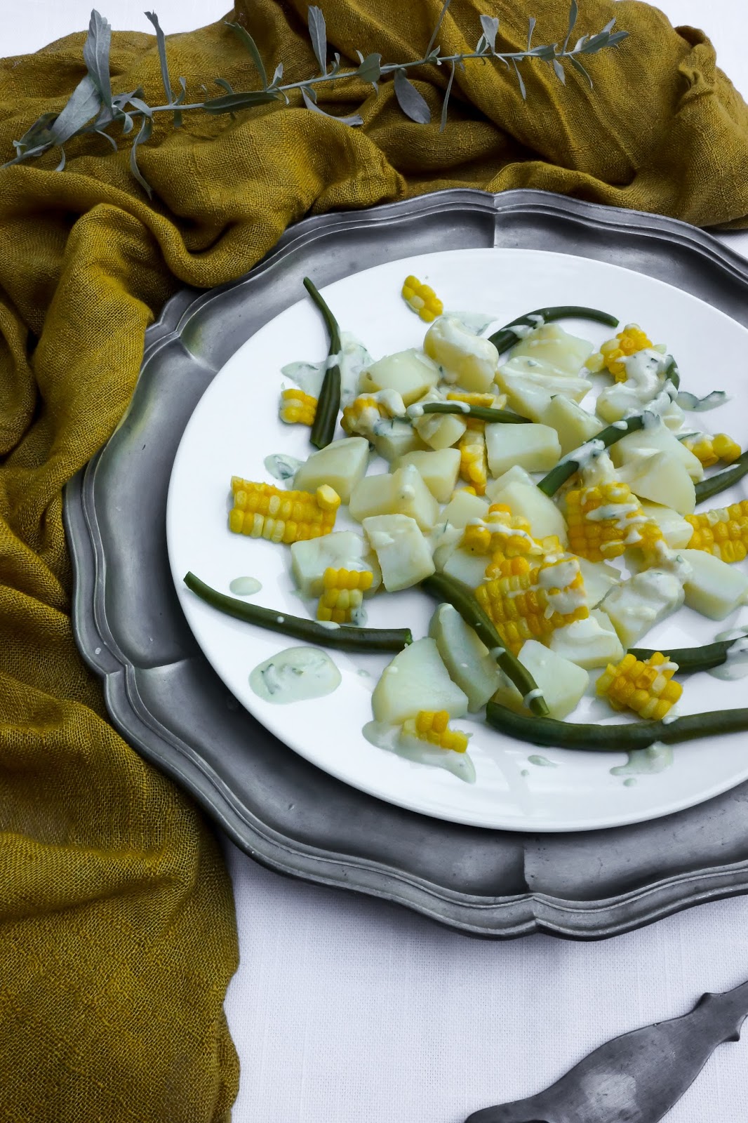 Potato, corn and green bean salad with tahini dressing Tera Solara