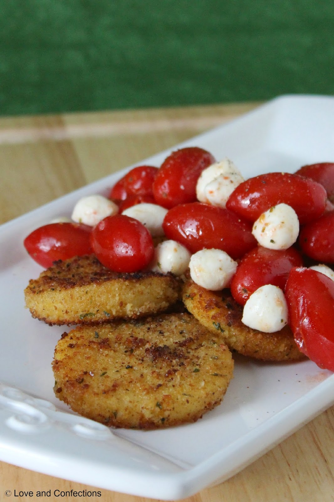 Love and Confections Fried Polenta Cakes with Grilled Tomato and