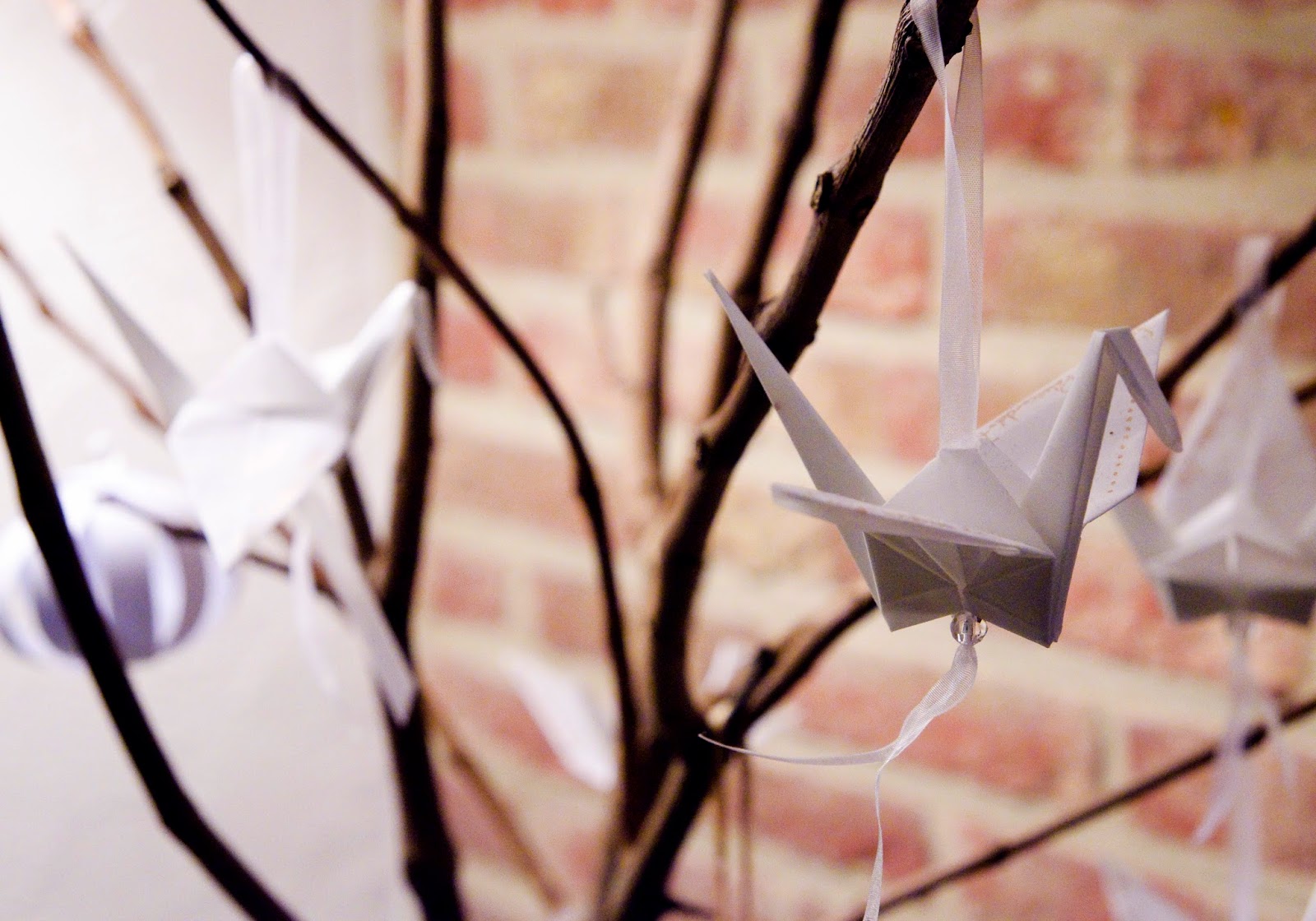 Handmade paper cranes and ball ornaments with crystal beads and silk ribbon