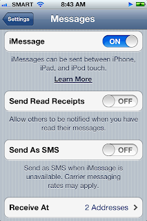 The iPhone 4S iMessage toggle button for activation.