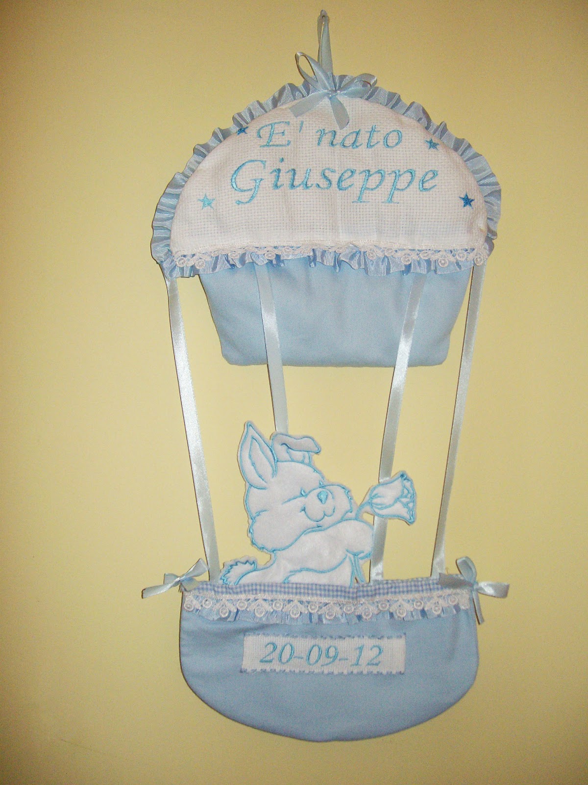 Fiocco Nascita A Forma Di Mongolfiera Con Tela Aida - Ricamabile A Mano, Colore Azzurro O Rosa - Foto 8