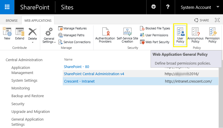 web application policy in sharepoint 2013