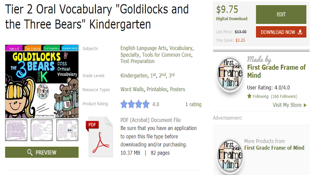 https://www.teacherspayteachers.com/Product/Tier-2-Oral-Vocabulary-Goldilocks-and-the-Three-Bears-Kindergarten-1869436