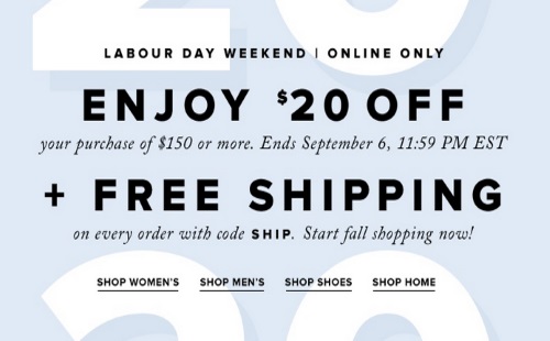 Hudson's Bay Labour Day Weekend $20 Off + Free Shipping Promo Code