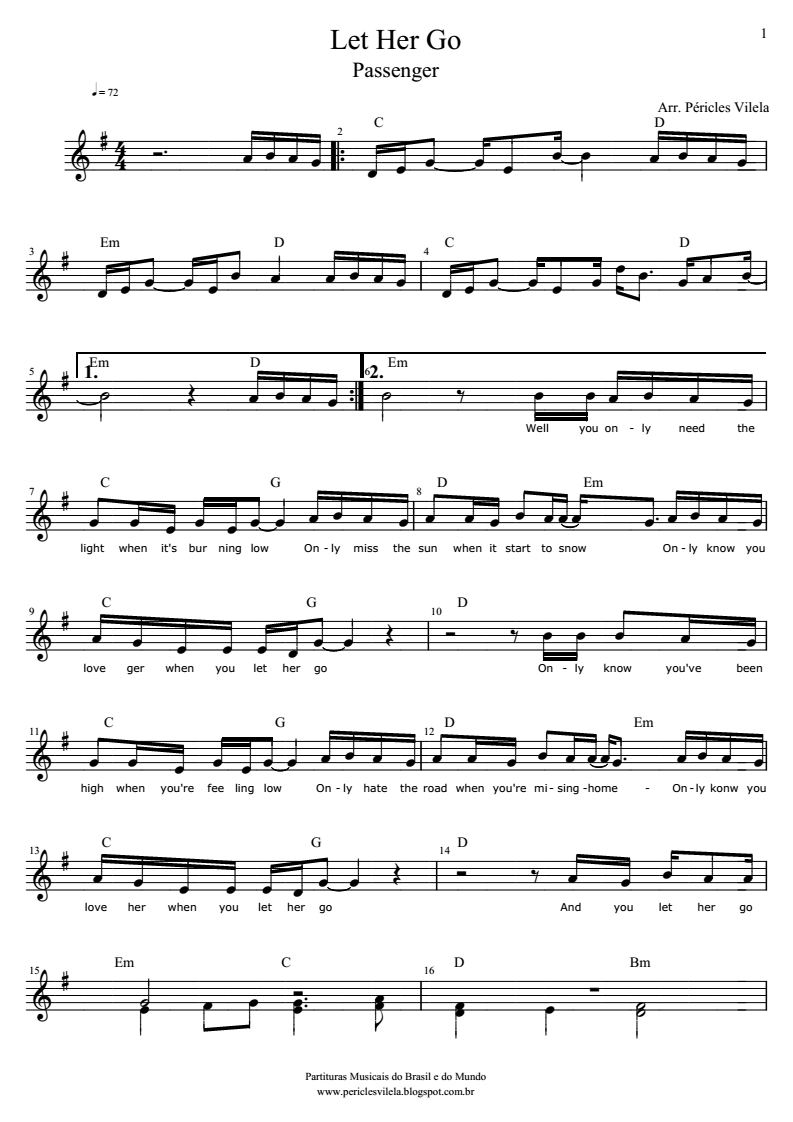 Partituras Musicais Let Her Go Passenger n.º 1470