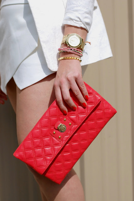 Palm tree tank, white Zara skort and jacquard blazer with a coral Marc Jacobs clutch.