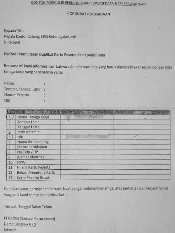 Contoh surat permohonan duplikat koreksi data dari perusahaan Contoh surat permohonan duplikat koreksi data dari perusahaan
