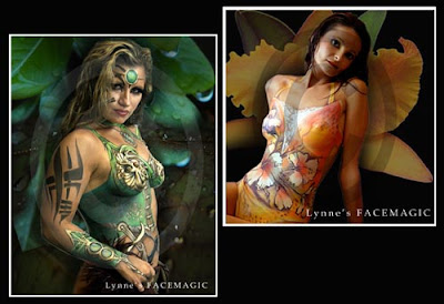 Body painted swimsuit with tropical flowers and lacework. Body art of warrior with painted bracelet and suit in shades of green