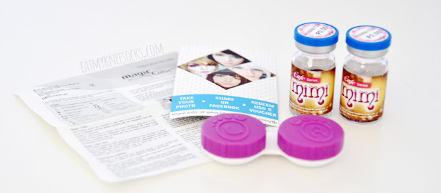 Geo Coloured Lenses Review: Geo Mimi Cafe Cappuccino Violet | Packaging The Geo Mimi Cafe Cappuccino Violet lenses from Geo Coloured Lenses came in a bubble wrap-protected envelope with a wear-and-care guide, free lens case, and the lenses in vials.