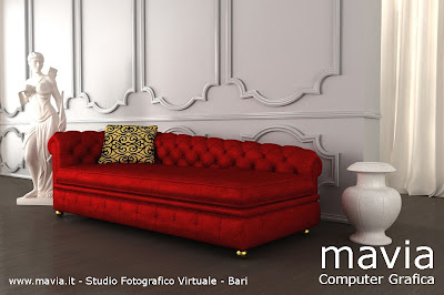Rendering interni 3d - salotto con modello 3d divano chester in stoffa rossa