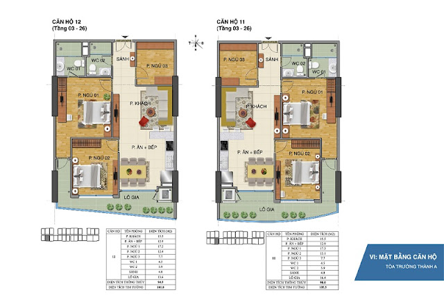 Mặt bằng chi tiết căn hộ 11 và 12 tòa Trường Thành A - Tràng An Complex