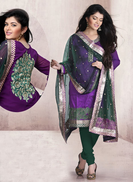 Purple and Green Colors Long Sleeve Silk Salwar Kameez-2012
