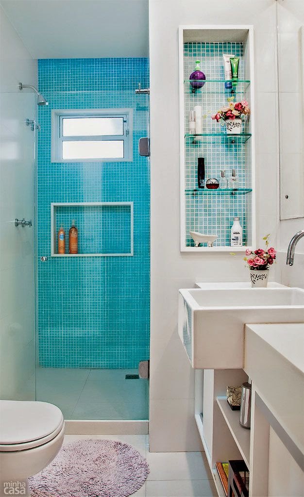 Casa de ideias e decoração Azul turquesa na decoração -> Banheiro Decorado Com Gabinete De Vidro Casa de ideias e decoração Azul turquesa na decoração -> Banheiro Decorado Com Gabinete De Vidro