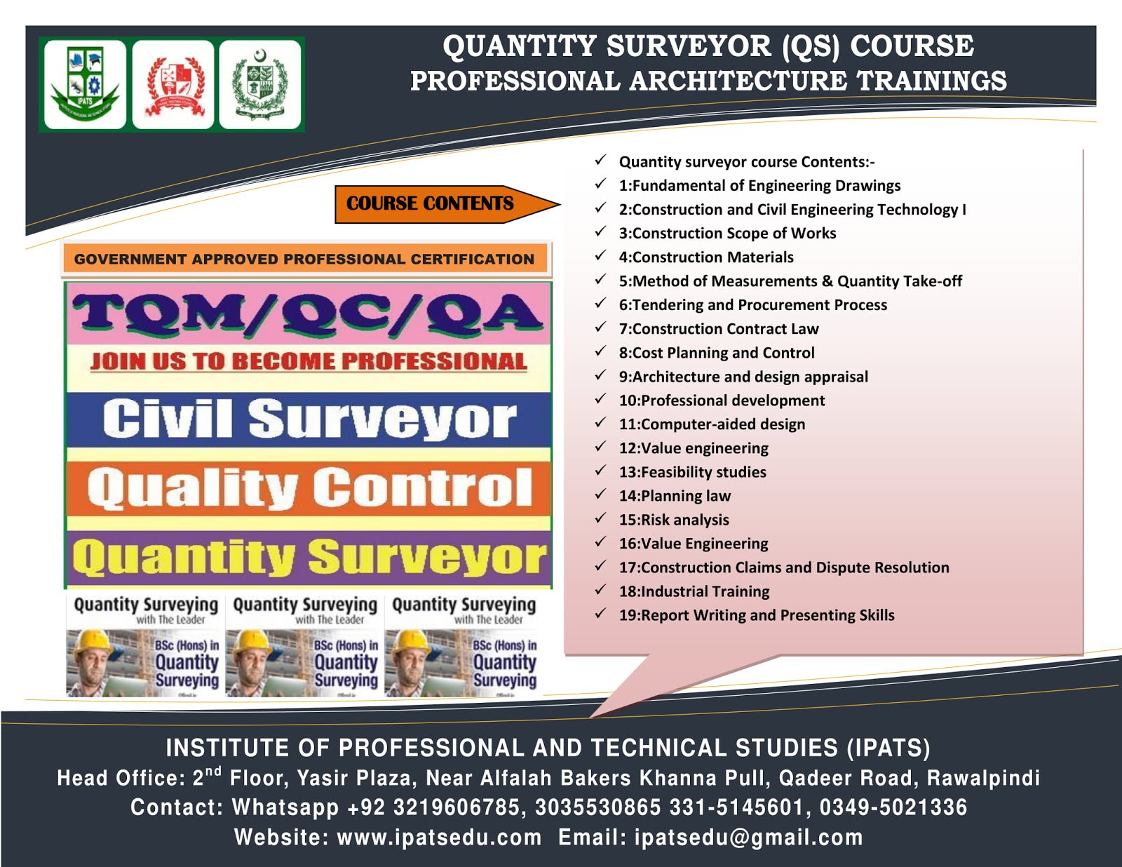 QS QC Inspector QMS Land Surveyor Civil surveyor course in Rawalpindi