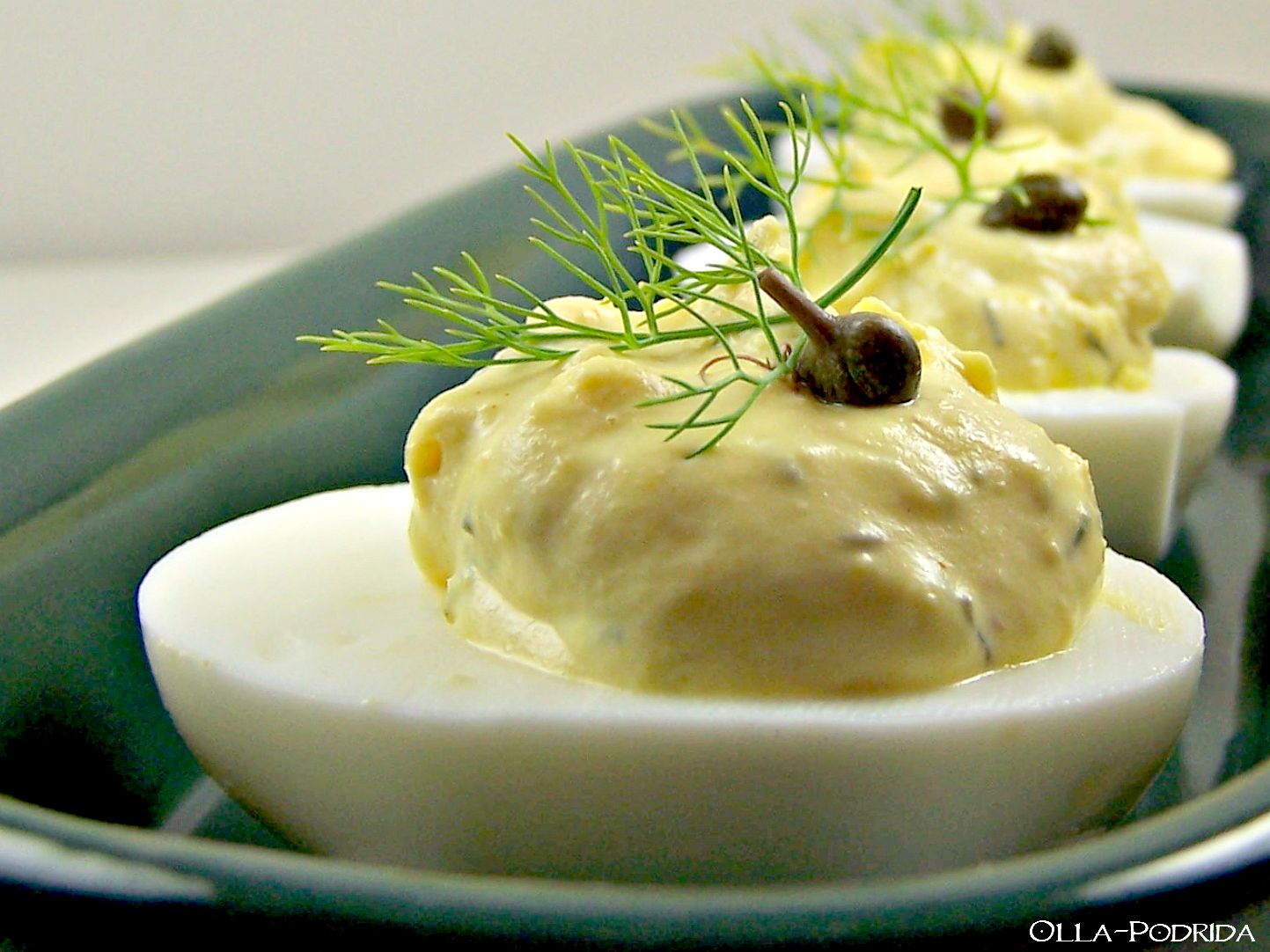 OllaPodrida Deviled Eggs with Cucumber, Dill, and Capers