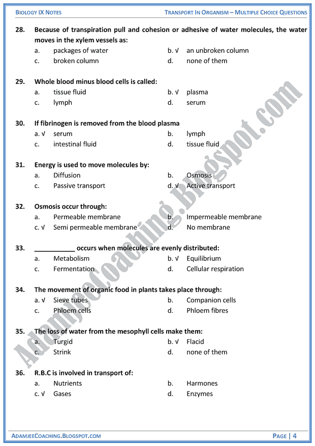 transport-in-organisms-multiple-choice-questions-biology-notes-for-class-9th