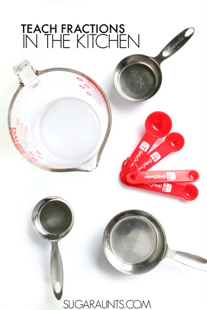 Teach kids fractions using kitchen utensils like measuring cups and measuring spoons.