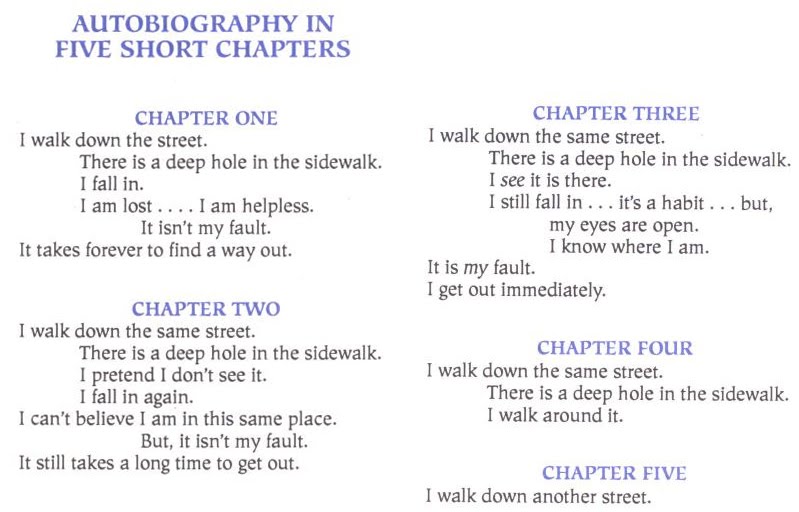an analysis of portia nelsons poem autobiography in five short chapters Discovering love street – autobiography in 5 short chapters this is one of my favourite poems autobiography in five short chapters by portia nelson. an analysis of portia nelsons poem autobiography in five short chapters Discovering love street – autobiography in 5 short chapters this is one of my favourite poems autobiography in five short chapters by portia nelson.