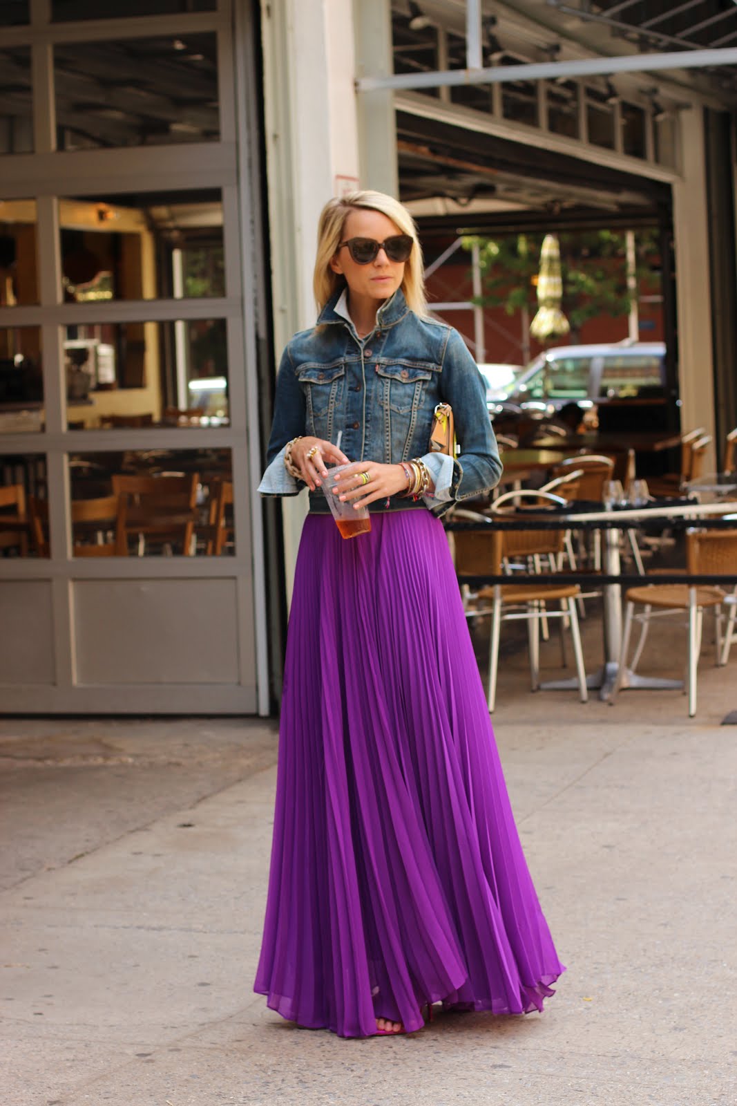 purple denim skirt and jacket