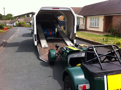Phil Haywards R500 being loaded into the Caterham transporter