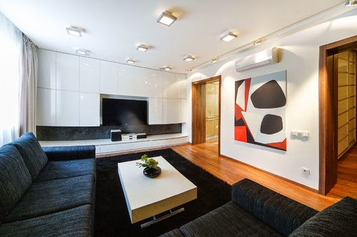 style of minimalism in living room, small area with two floors