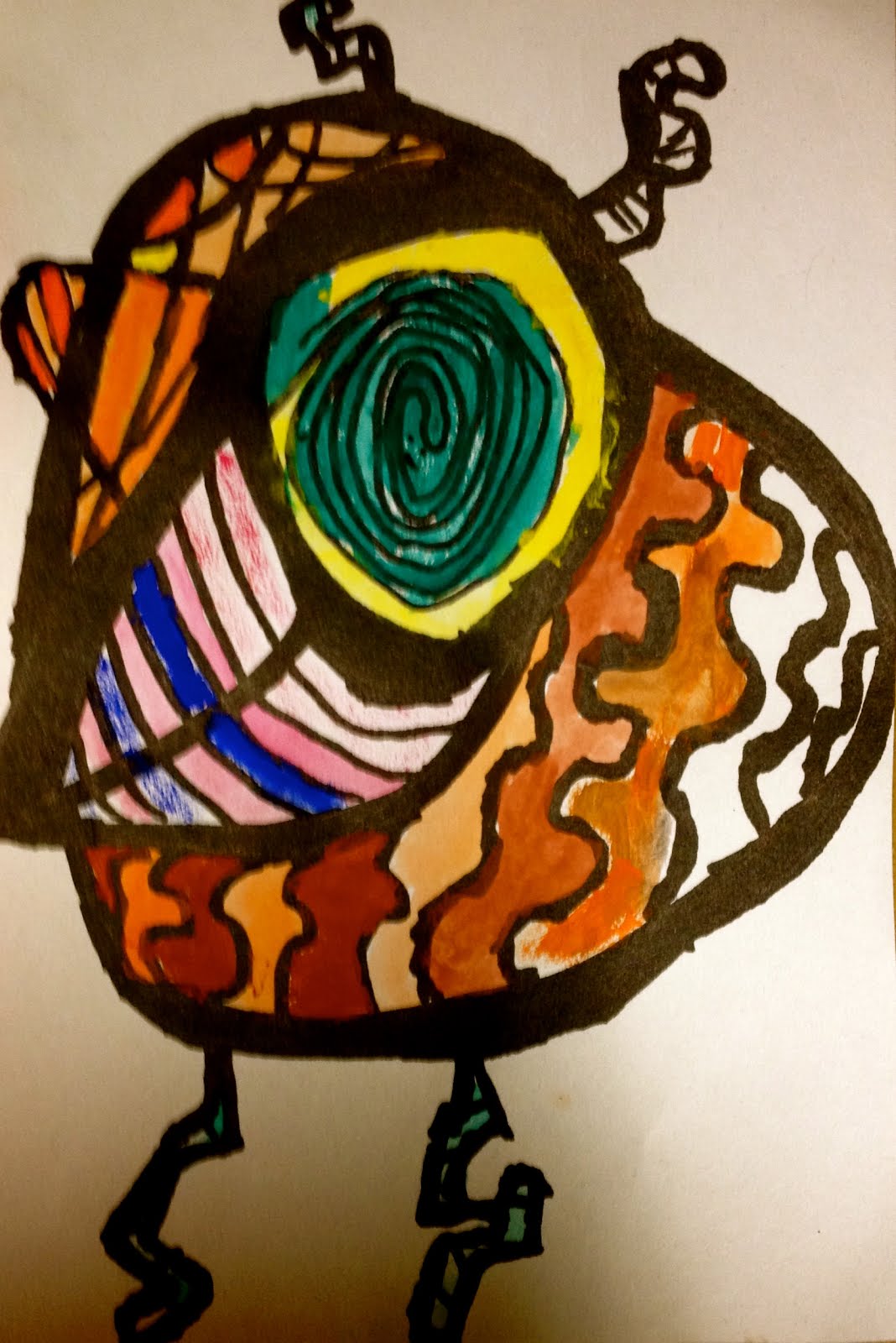 Year 1 Britto Inspired.  Black pen and watercolour