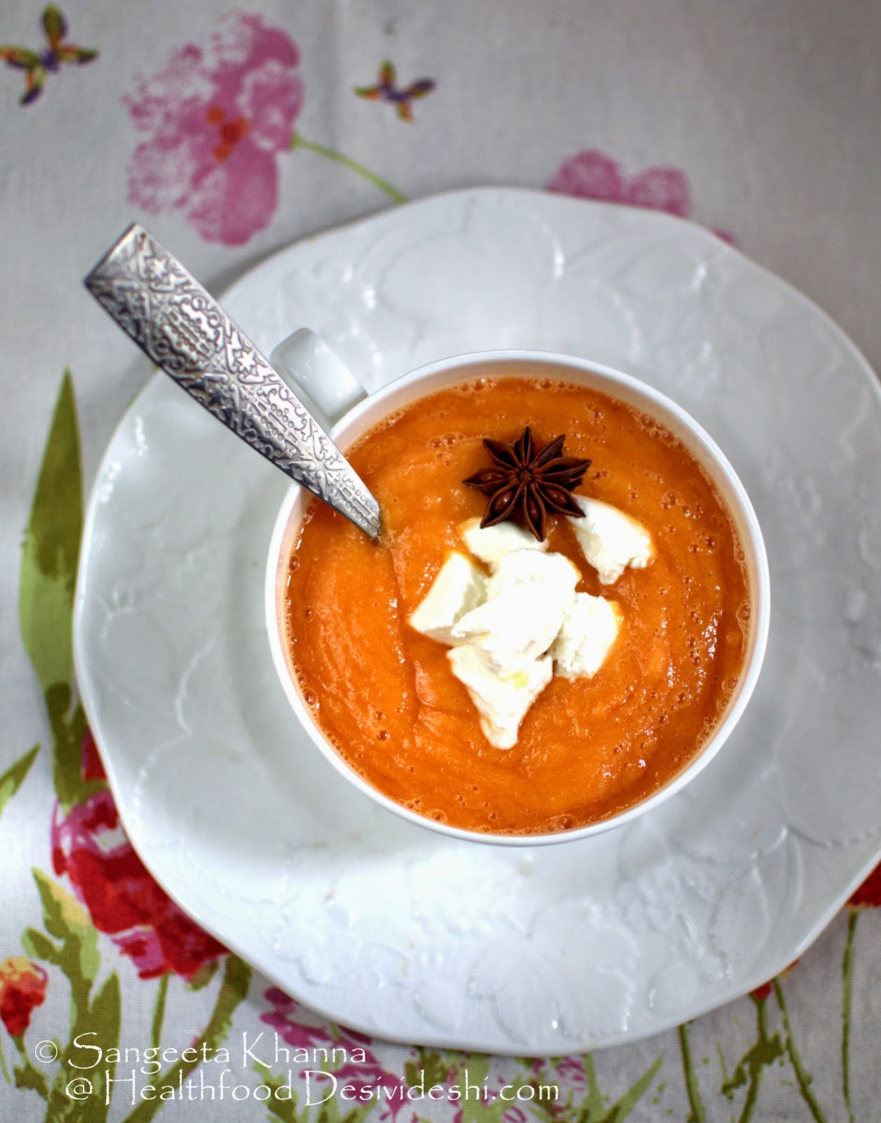 chilled fruit soup for summer | papaya and orange soup with feta cheese and hint of star anise
