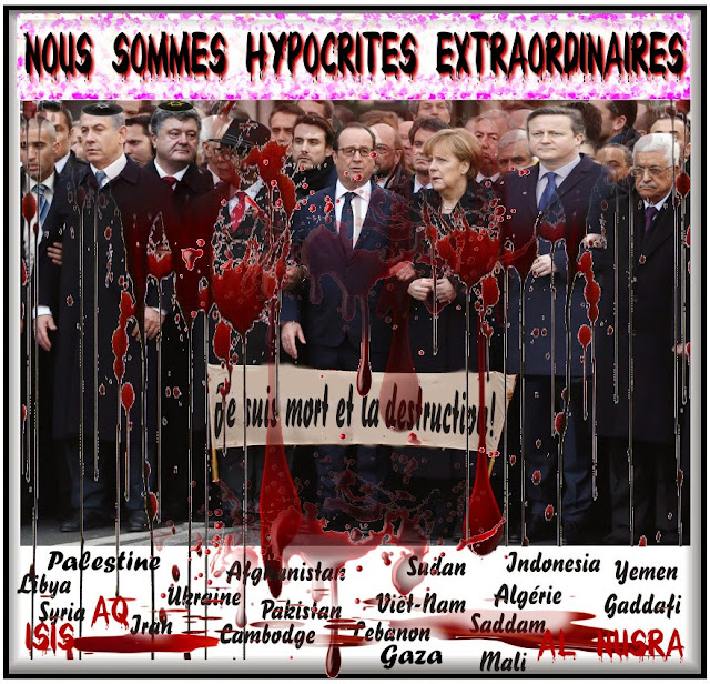 Cartoon: Je suis Charlie March in Paris by the Hypocrites. Mostly War Criminals and genocidal satanists like Netanyahu and Poroshenko