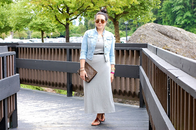 Forever 21 Jean jacket, Old Navy maxi dress, Gap belt, Mimi and Marge necklace, Louis Vuitton clutch, Michael Kors sandals