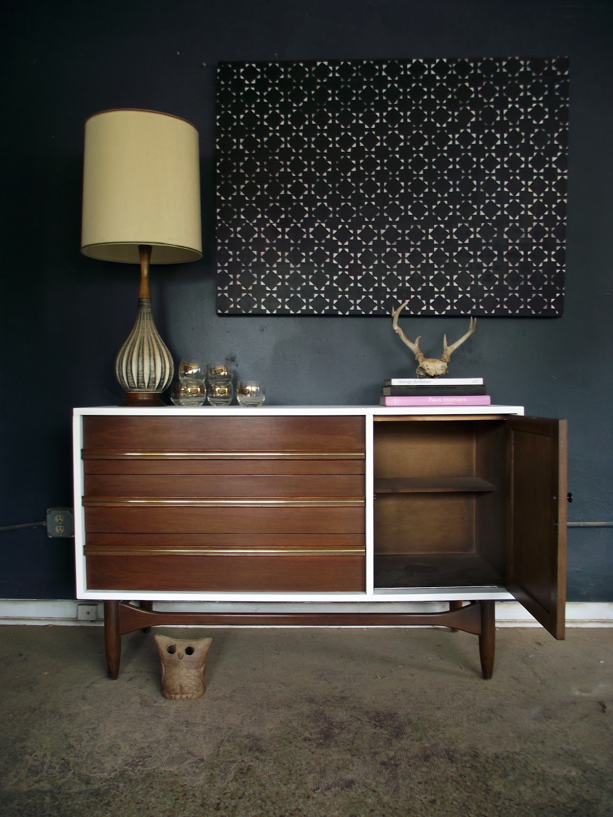 Vintage Ground Mid Century White Wood Buffet / Media Console / Sideboard