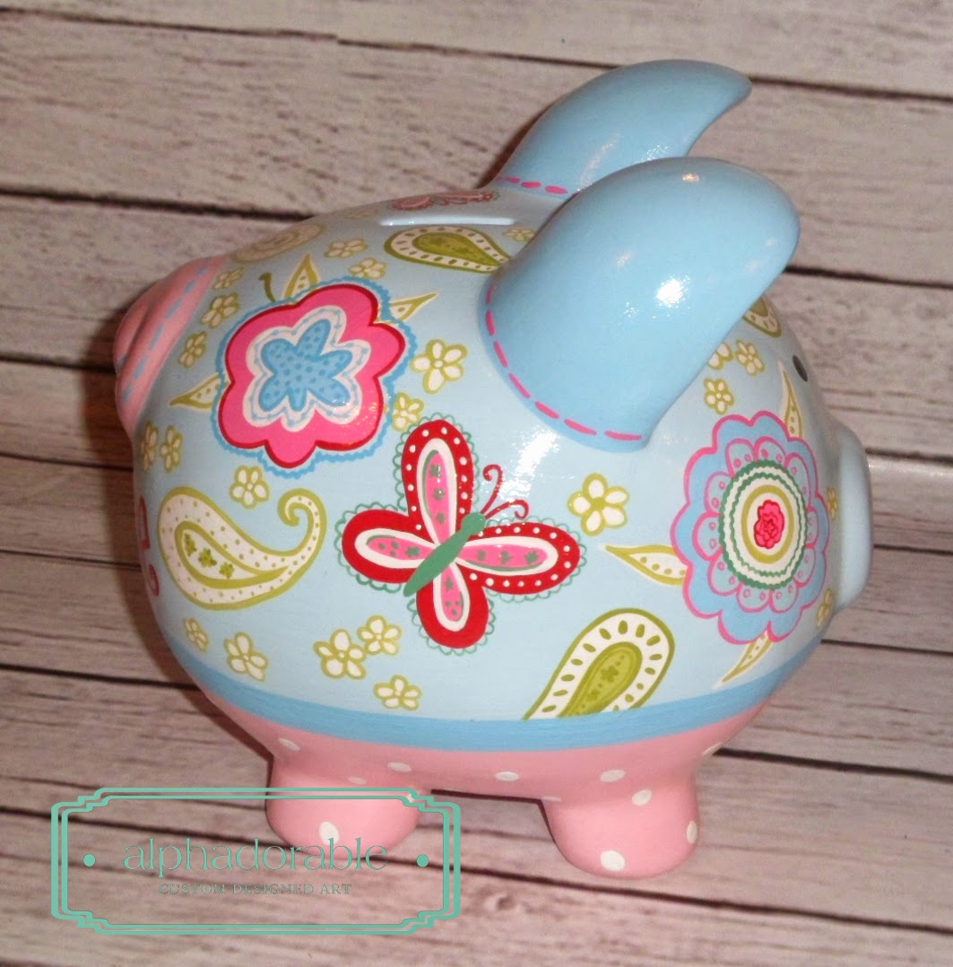 Alphadorable Custom hand painted piggy bank to match Pottery Barn's