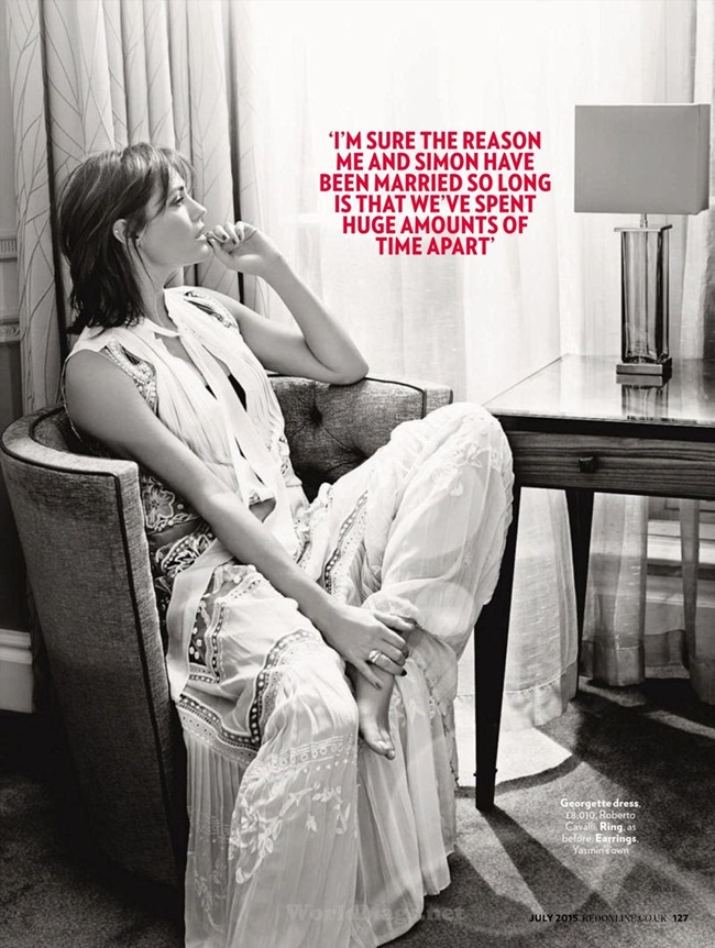 Red UK July 2015, Yasmin Le Bon Roberto Cavalli Spring 2015 White Embroidered Silk-Georgette Maxi Dress Editorials