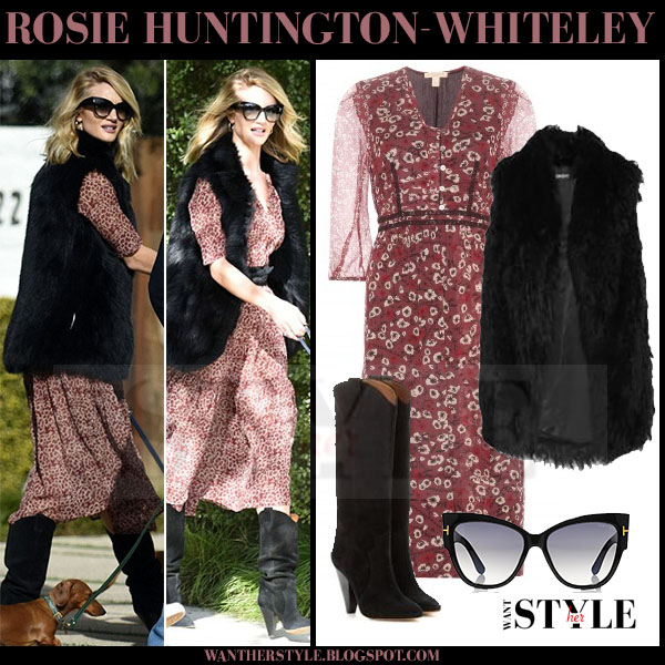 Rosie Huntington-Whiteley in red floral print dress and black fur gilet Rosie Huntington-Whiteley in red floral print burberry sebina dress and black fur dkny gilet what she wore model style