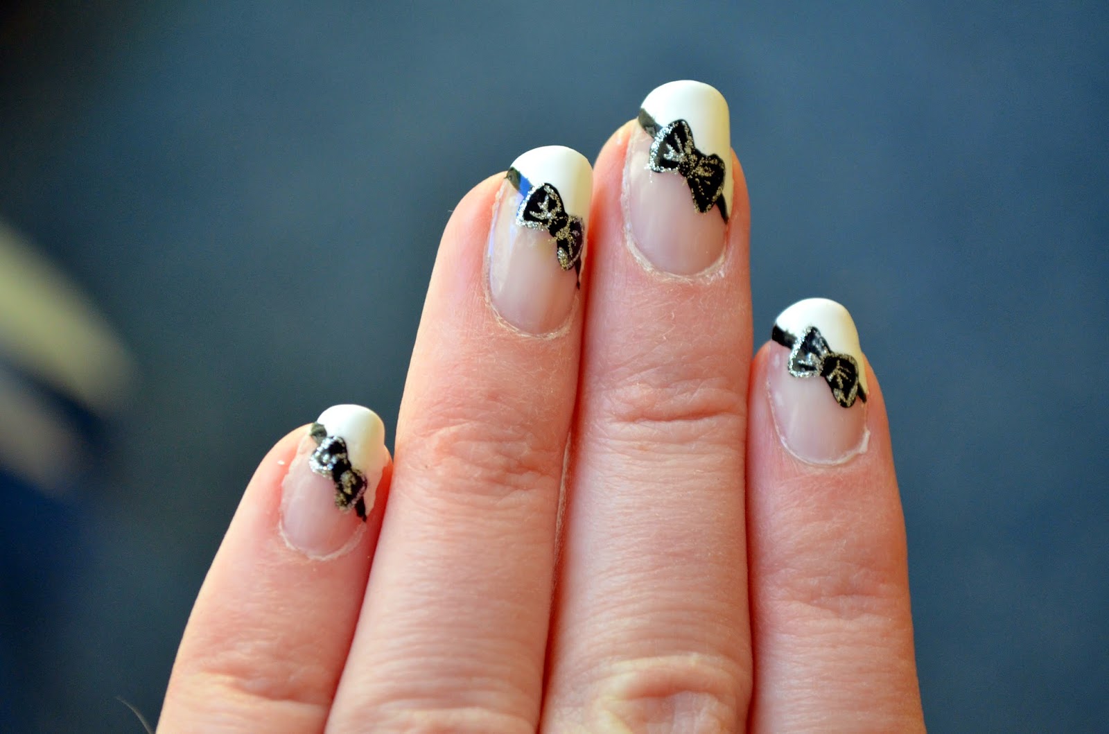 The Nail Diaries Angled French Tip with a Black Bow Wedding Mani!!