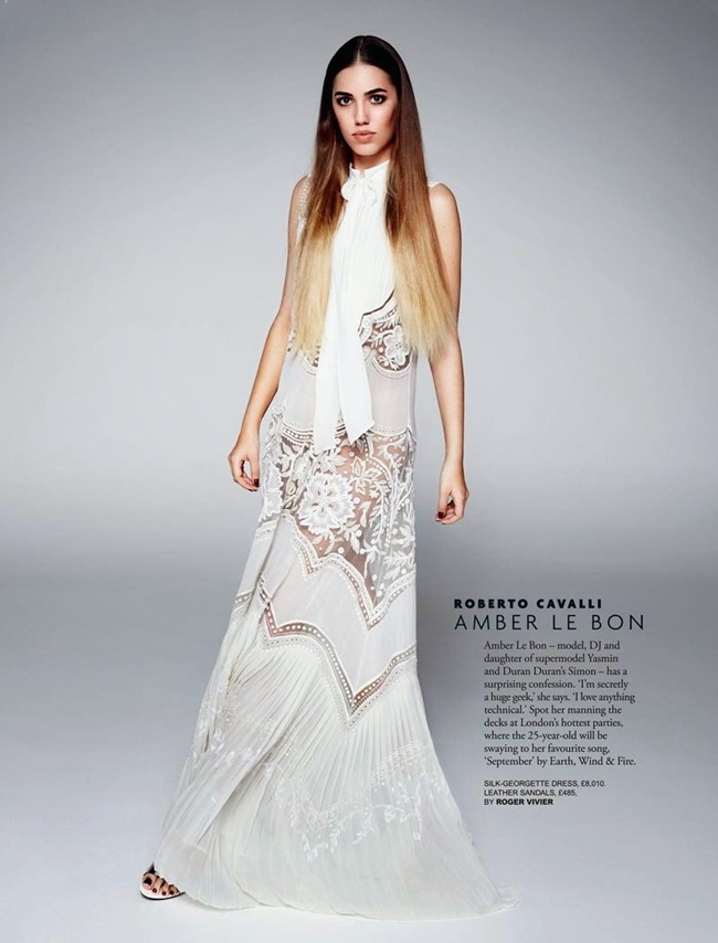 Tatler Magazine February 2015, Amber Le Bon Roberto Cavalli Spring 2015 White Embroidered Silk-Georgette Maxi Dress Editorials