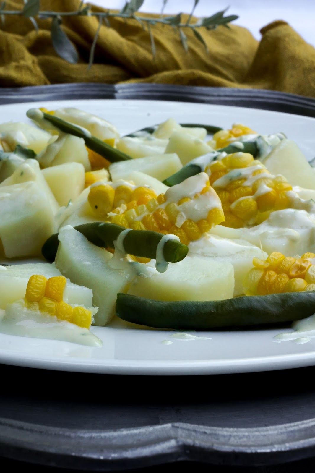 Potato, corn and green bean salad with tahini dressing Tera Solara