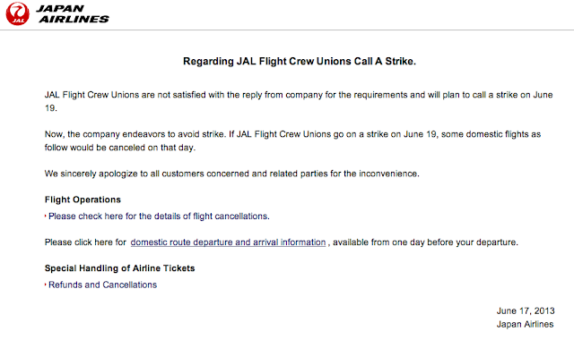 JAL posts a notice on its website informing passengers of the planned strike.