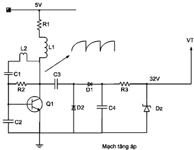 Hình 8 - Mạch tăng áp tạo ra điện áp 32V cấp cho mạch VT của bộ kênh. 