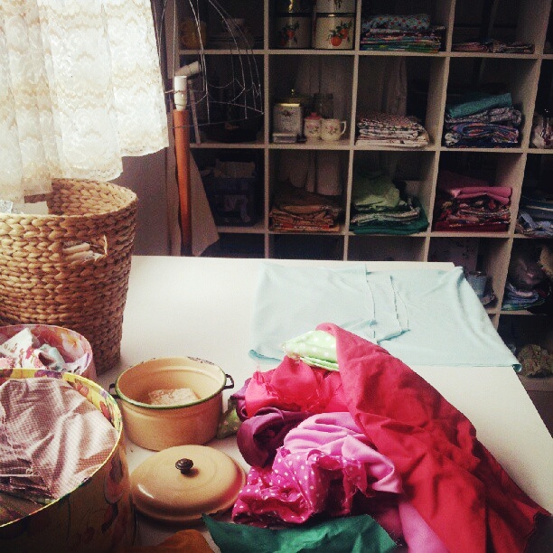 fabric folding on my new tall cutting table