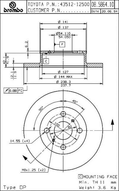 Brake Disc Toyota COROLA EE90 1.3 / TWINCAM (08.5864.10)