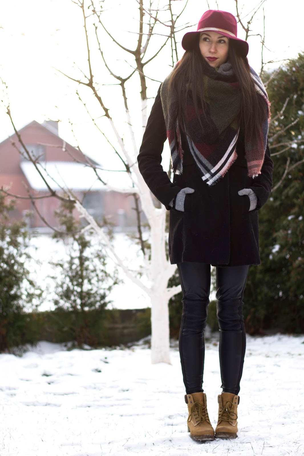 Leather pants and burgundy hat outfit