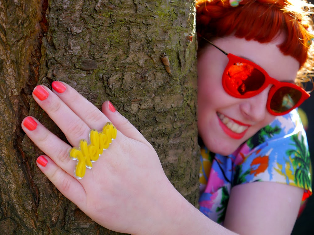 Bonnie Bling Name Ring Scottish Blogger, Red Head, Ginger, Styled by Helen, Dundee, Amazing Spectacles, Graffiti, Tropical shirt, Luna on the Moon, Hair Slides, pom pom, Sun Glasses Shop, velvet sunglasses, rayban, Ray-Ban, Cheap Frills heart earrings, bright outfit, summer outfit, summer style, Abandon Ship, Kewpie tote bag, Rock Cakes brooch, Bonnie Bling name ring