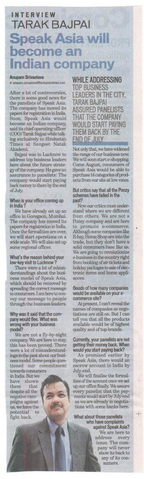 Speak Asia COO Tarak Bajpai interview in Hindustan Times