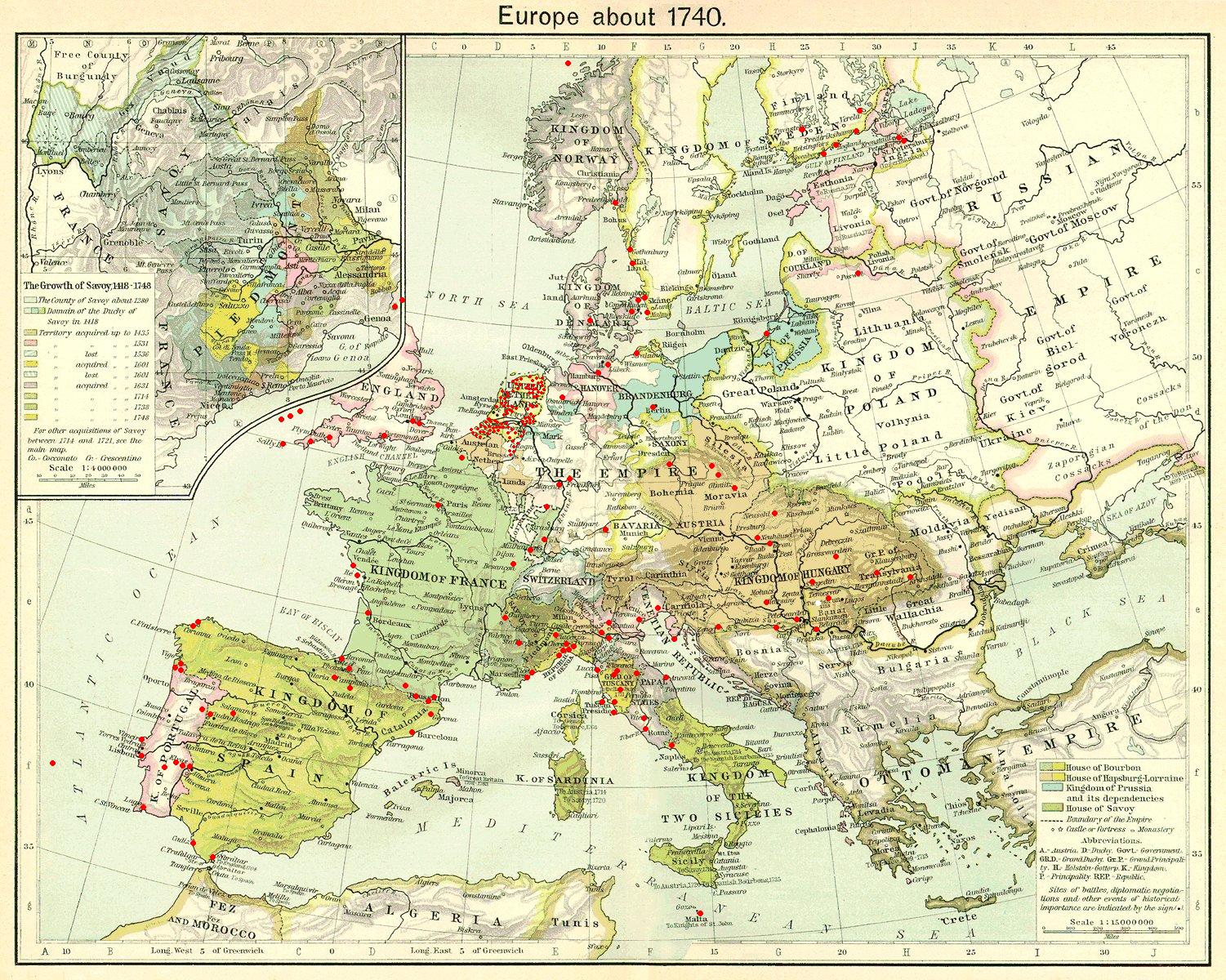 Карта. Европа 1740 года.