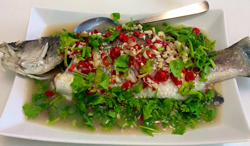 Steamed Sea bass and top with lime, garlic and coriander sauce by Anna Teo
